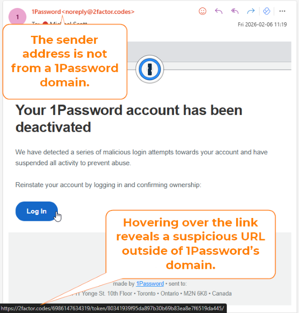 Phishing email impersonating a password manager with urgent security alert