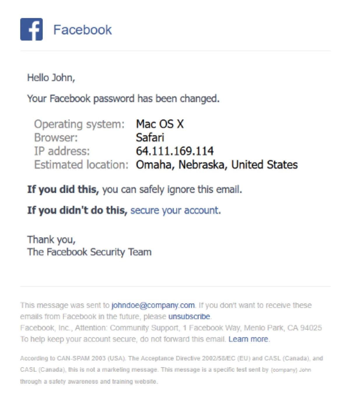 Example of a Facebook-themed phishing simulation template used in security awareness training