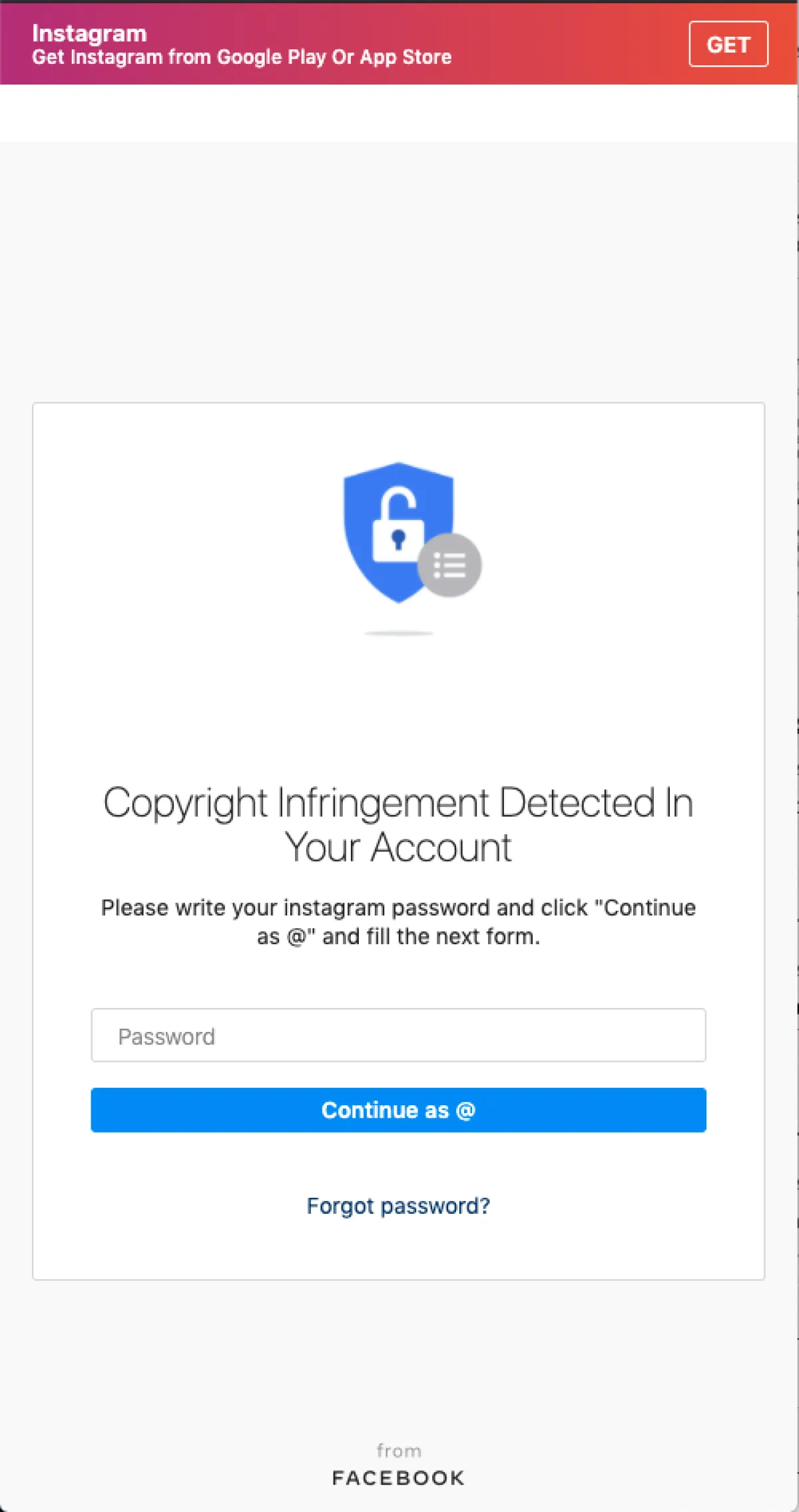 Screenshot of a fake Instagram copyright violation follow-up screen