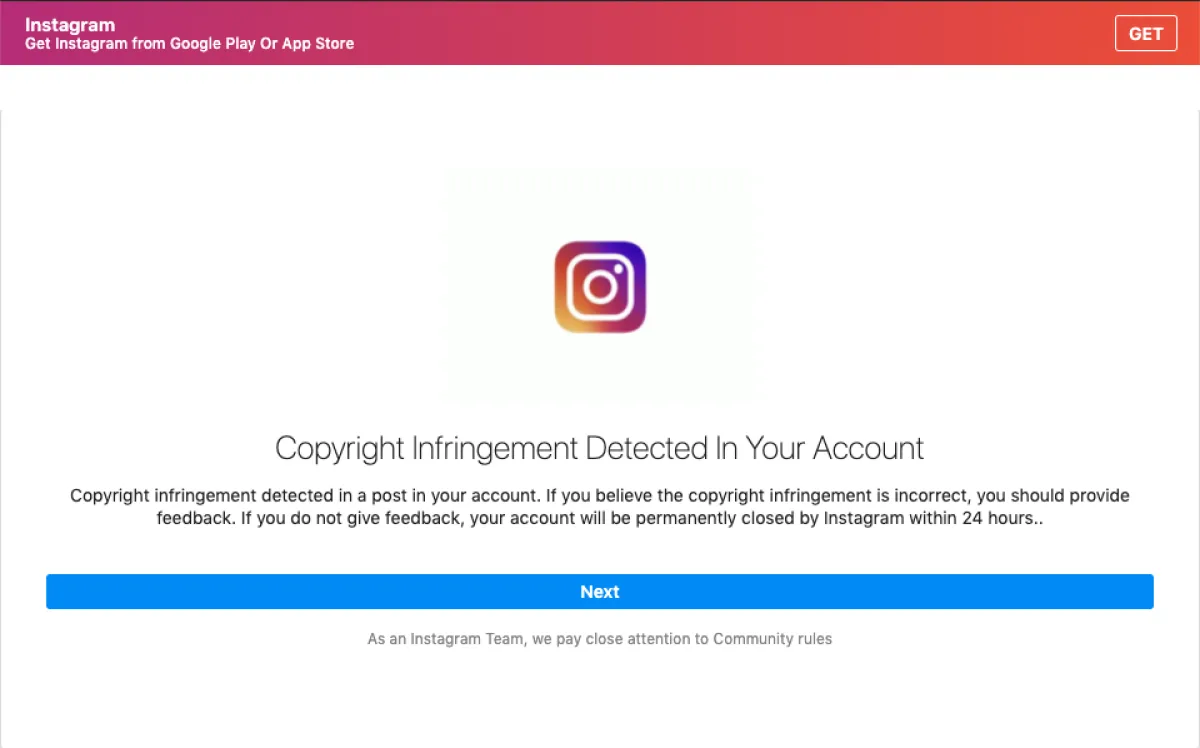 Instagram phishing example email