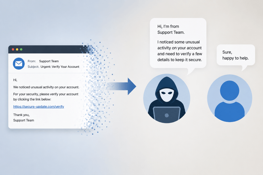 Illustration of social engineering: an email transforming into a conversation.