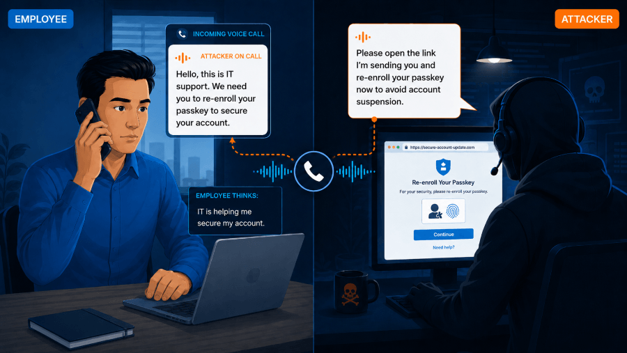 Illustration of a vishing attack: an employee on a phone call while an attacker controls a fake...