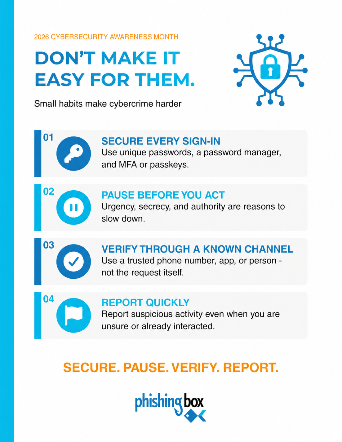 2026 Cybersecurity Awareness Month poster: Don't Make It Easy for Them, with four habits for secure sign-ins, pausing before acting, verifying through a known channel, and reporting quickly.