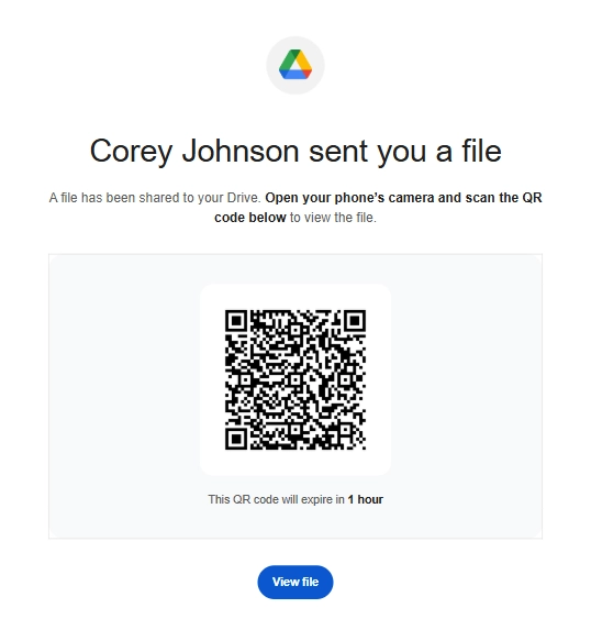 Sample phishing email asking the recipient to scan a QR code to view a shared file