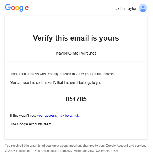 Sample Google verification email used as a phishing test example