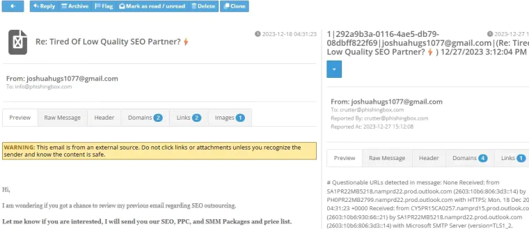 Message inspection crop showing reply, archive, clone, sender, domains, links, warning, and message preview