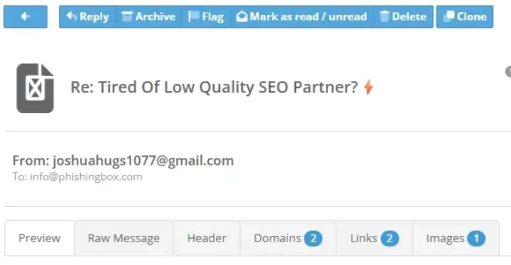 Security Inbox message detail crop with clone, reply, archive, sender, domains, links, and images tabs