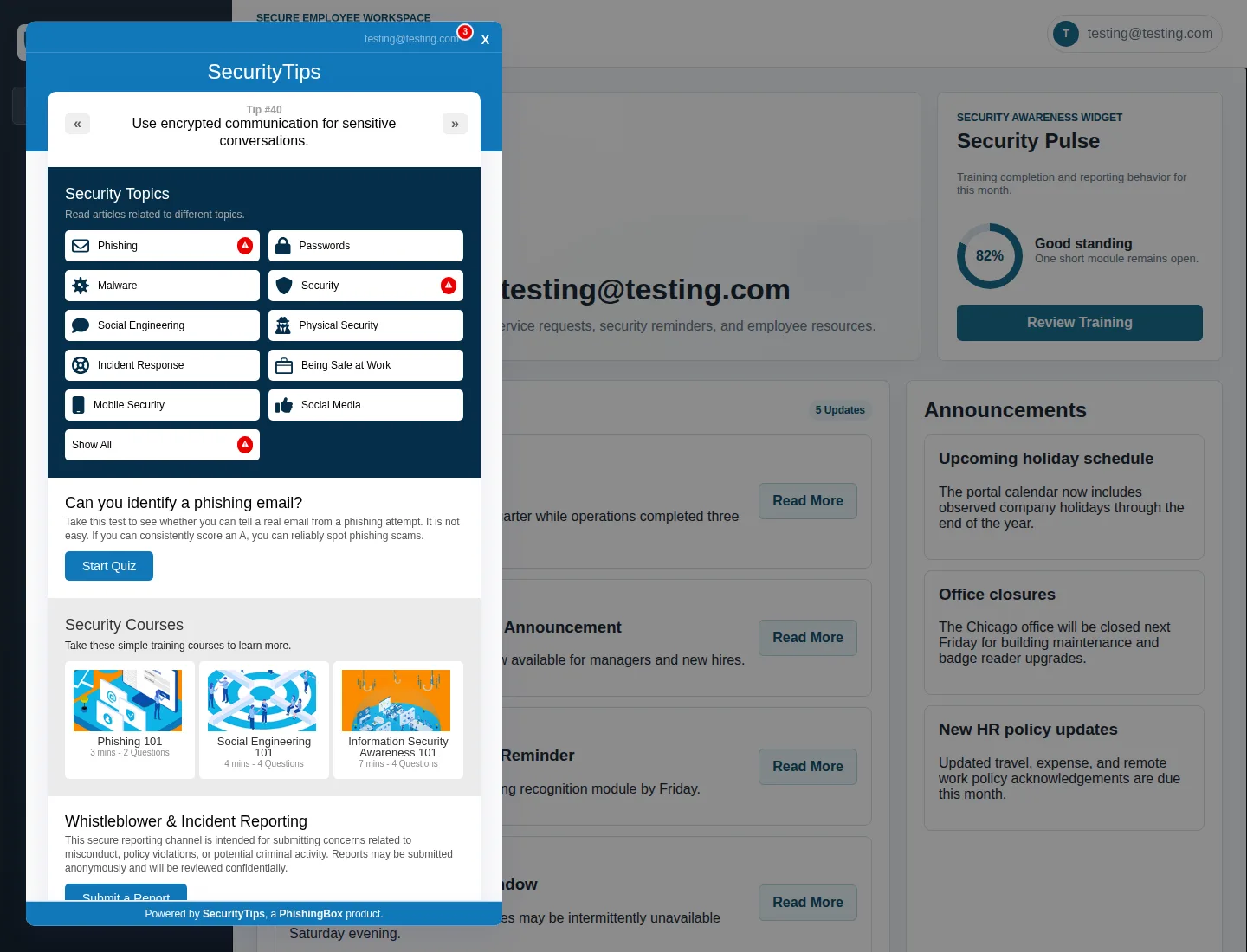 Intranet Test portal logged in as testing@testing.com with the SecurityTips Training Wall open