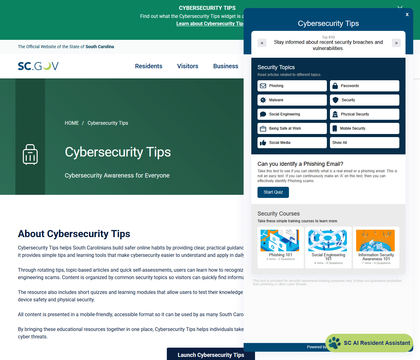 SC.GOV Cybersecurity Tips page with a SecurityTips widget for phishing, passwords, malware, social engineering, and security courses